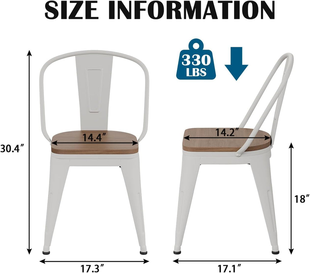 18 Inch Metal Dining Chairs,Arlunar Farmhouse Chairs Set of 4 White Dining Room Chairs Stackable with Back and Wooden Seat bar stools