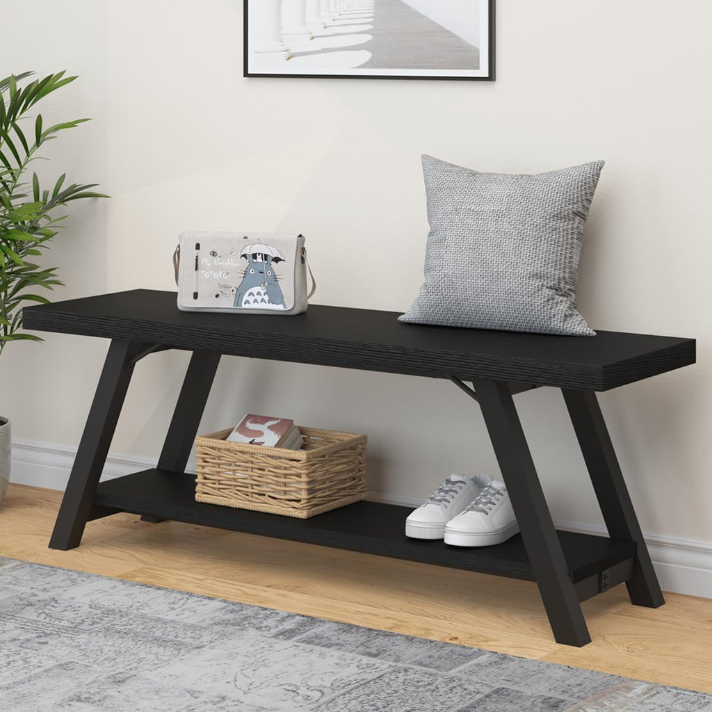 LVB Industrial Entryway Bench, Wood and Metal Storage Bench, Indoor Farmhouse Hallway Accent Entry Bench for Seating Sitting, Shoe Rack Organizer Cabinet in Foyer Bedroom, Light Grey Oak, 47 Inch Long
