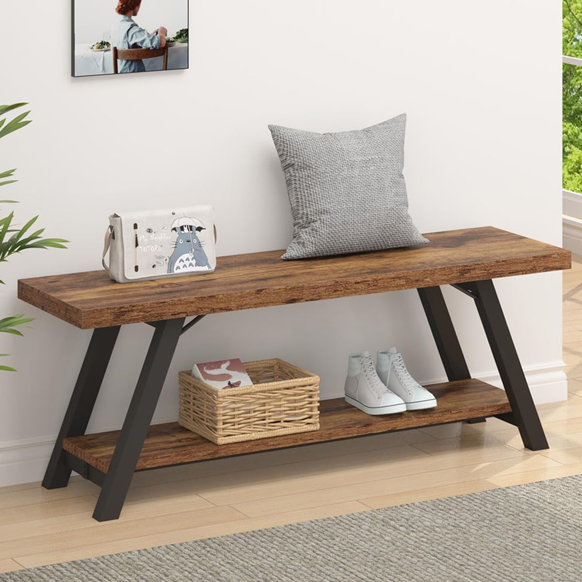 LVB Industrial Entryway Bench, Wood and Metal Storage Bench, Indoor Farmhouse Hallway Accent Entry Bench for Seating Sitting, Shoe Rack Organizer Cabinet in Foyer Bedroom, Light Grey Oak, 47 Inch Long