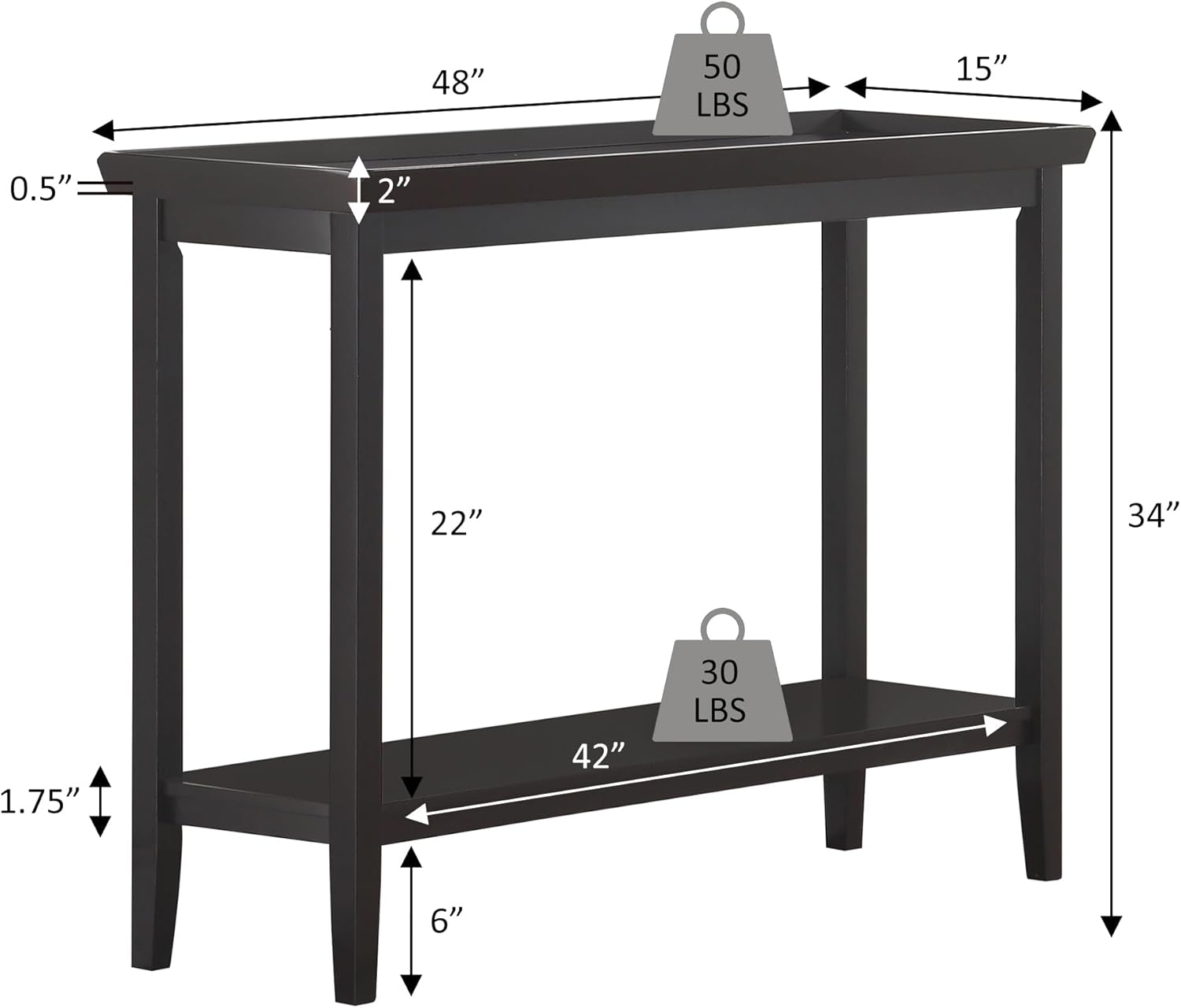 Convenience Concepts Ledgewood Console Table 48" - Modern Narrow Sofa Display Accent with Storage Shelf for Transitional, Traditional Living Room, Entryway, Hallway, or Bedroom, Espresso