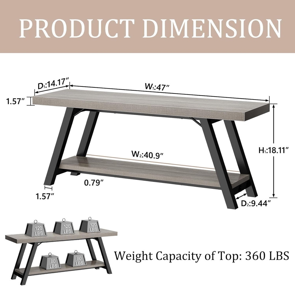 LVB Industrial Entryway Bench, Wood and Metal Storage Bench, Indoor Farmhouse Hallway Accent Entry Bench for Seating Sitting, Shoe Rack Organizer Cabinet in Foyer Bedroom, Light Grey Oak, 47 Inch Long