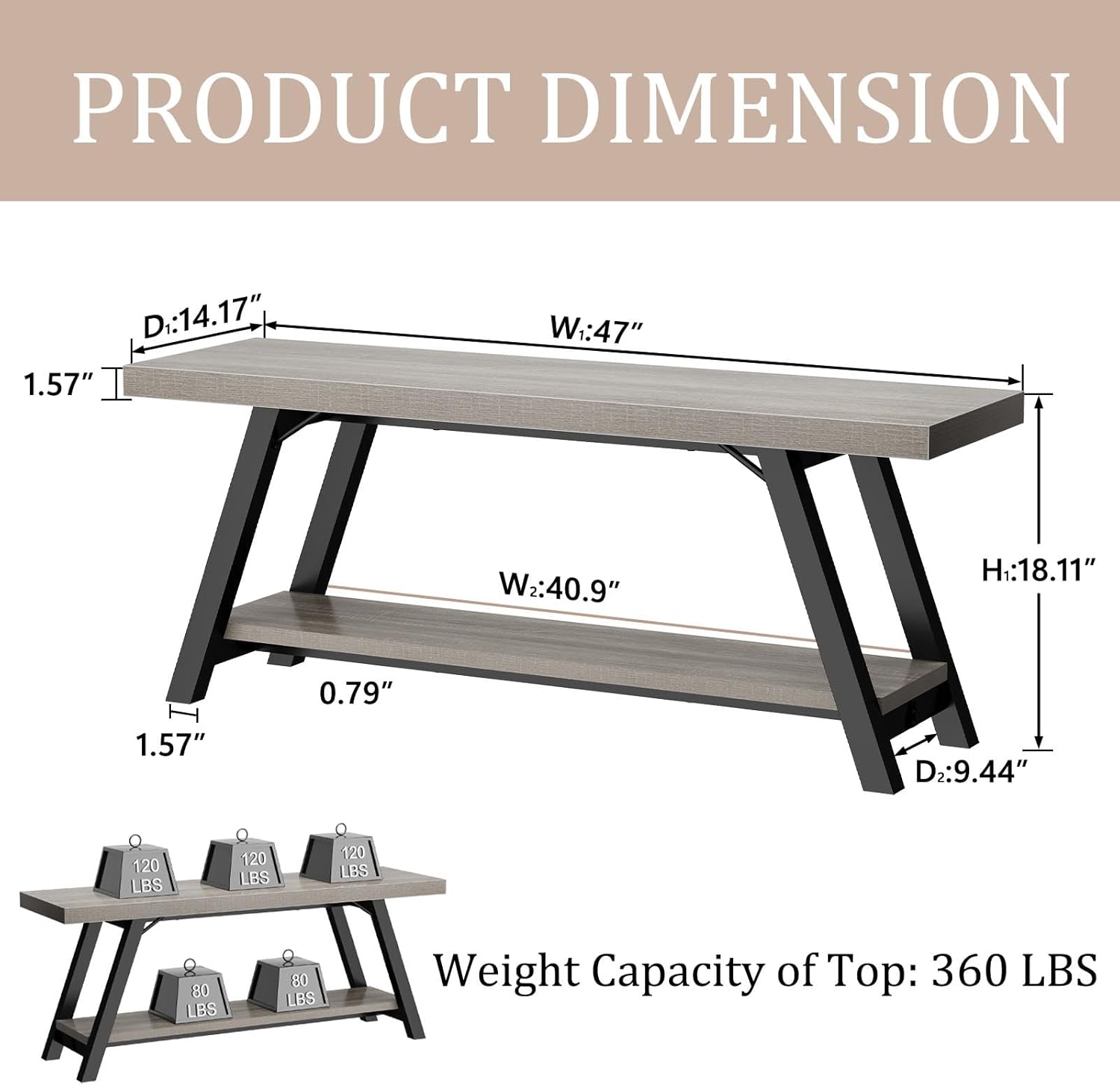 LVB Industrial Entryway Bench, Wood and Metal Storage Bench, Indoor Farmhouse Hallway Accent Entry Bench for Seating Sitting, Shoe Rack Organizer Cabinet in Foyer Bedroom, Light Grey Oak, 47 Inch Long