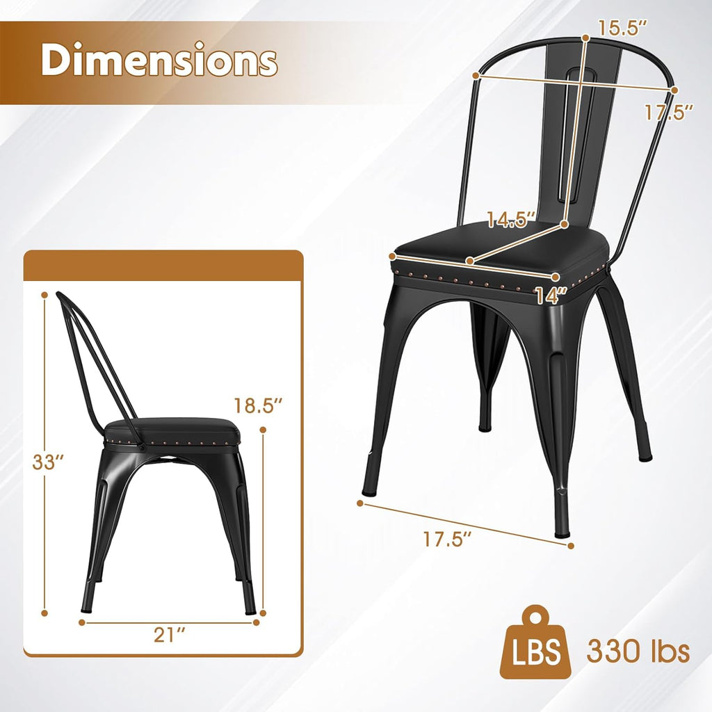 COSTWAY Metal Dining Chairs Set of 4, 18.5 Inch Stackable Industrial Kitchen Tolix Side Chairs with PU Leather Cushions, Detachable High Back for Dining Room, Cafe, Restaurant, Bistro (Black)