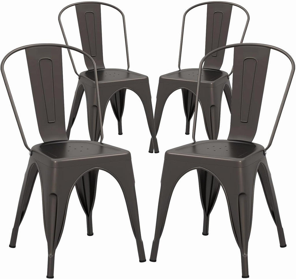 COSTWAY Metal Dining Chairs Set of 4, 18 Inch Stackable Industrial Kitchen Tolix Side Chairs with Detachable High Back for Dining Room, Cafe, Restaurant, Bistro (Bronze)