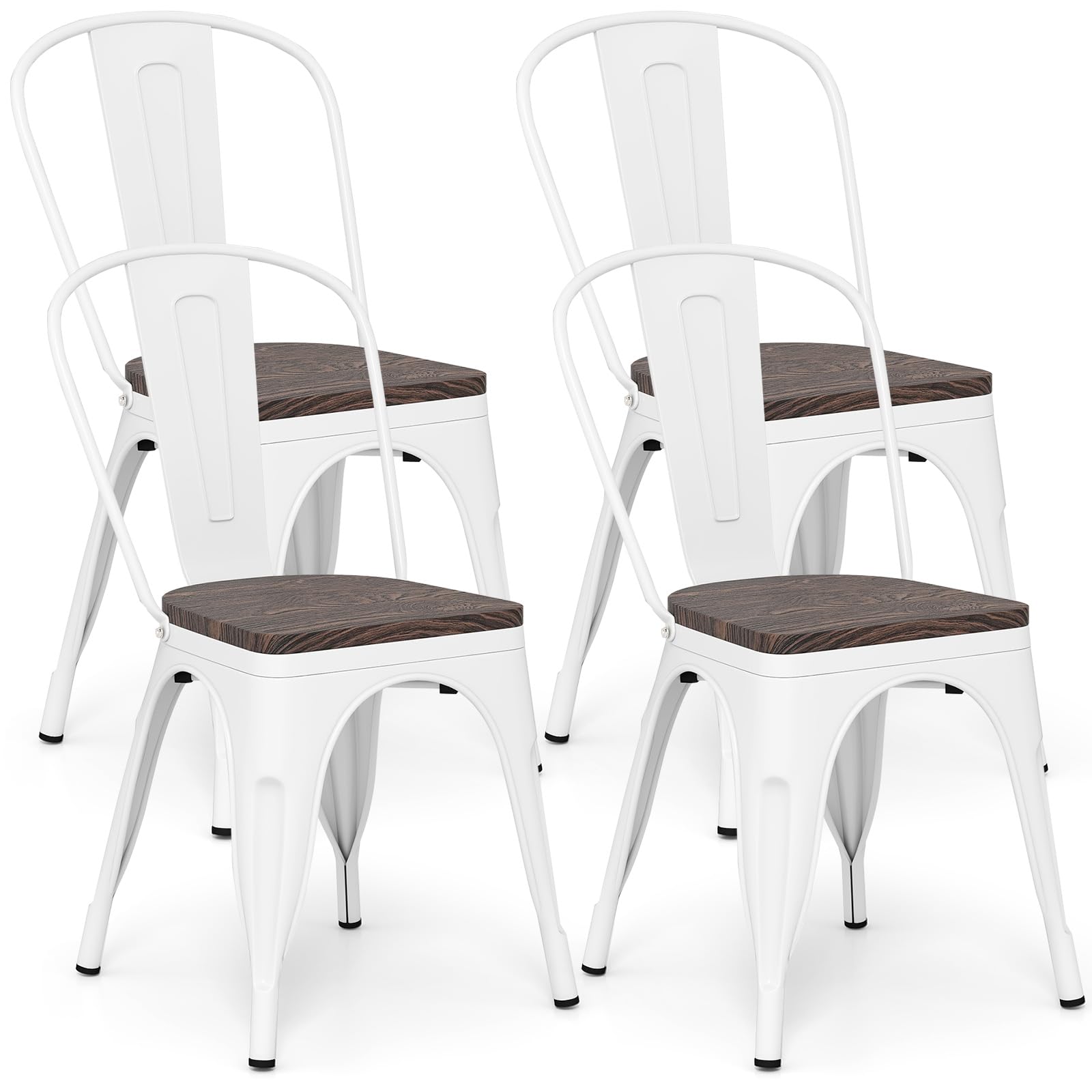COSTWAY 18 Inch Dining Chair Set of 4, Industrial Vintage Stackable Metal Chairs, Counter Bar Chairs with High Backrest, Wood Seat, for Home, Kitchen and Cafe Bar Use