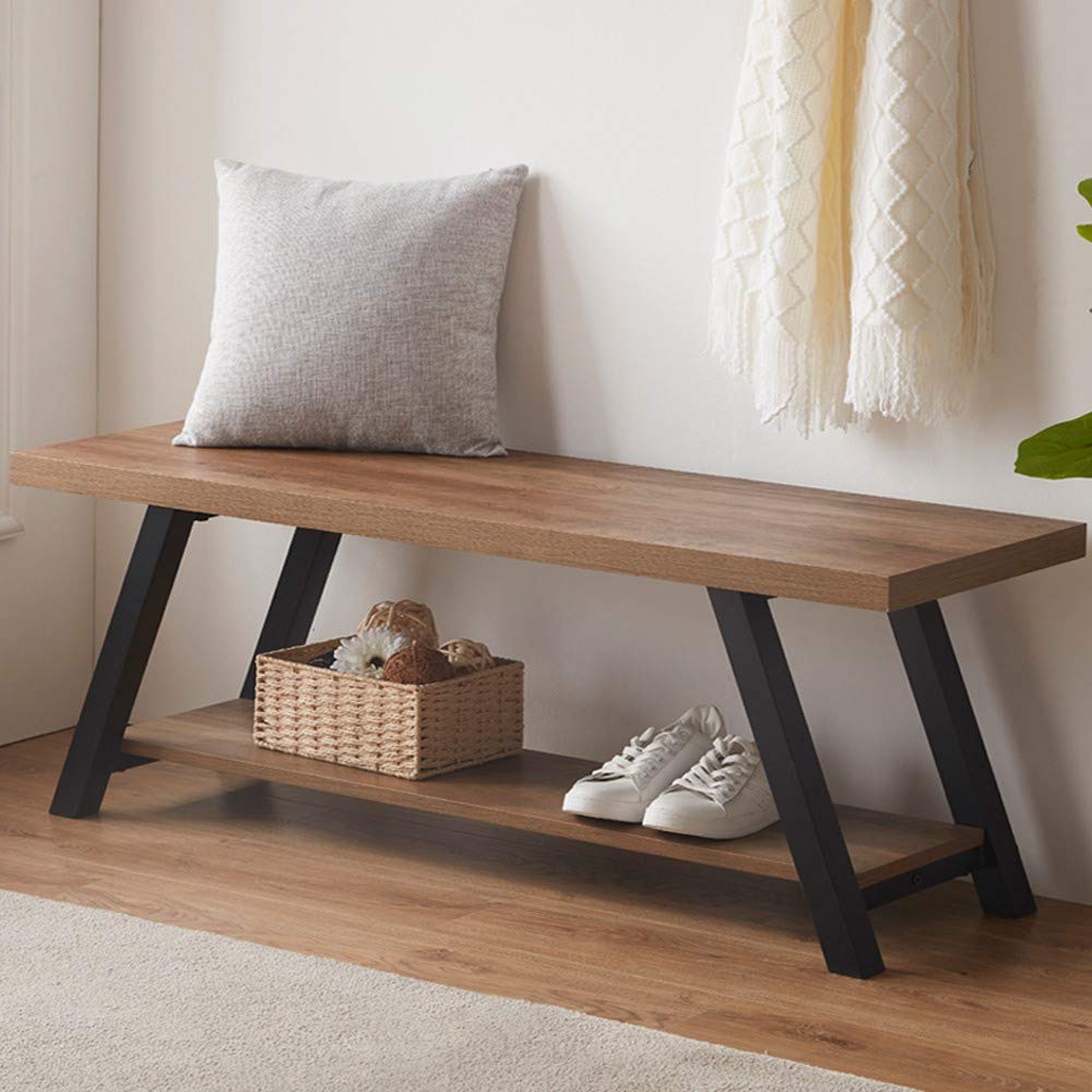 LVB Industrial Entryway Bench, Wood and Metal Storage Bench, Indoor Farmhouse Hallway Accent Entry Bench for Seating Sitting, Shoe Rack Organizer Cabinet in Foyer Bedroom, Light Grey Oak, 47 Inch Long