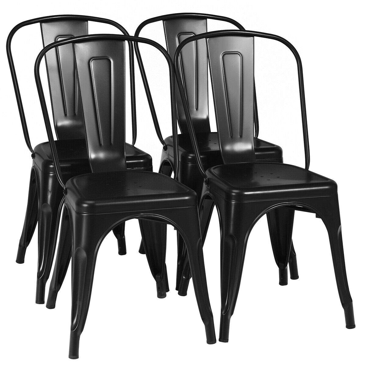 COSTWAY 18 Inch Dining Chair Set of 4, Industrial Vintage Stackable Metal Chairs, Counter Bar Chairs with High Backrest, Wood Seat, for Home, Kitchen and Cafe Bar Use