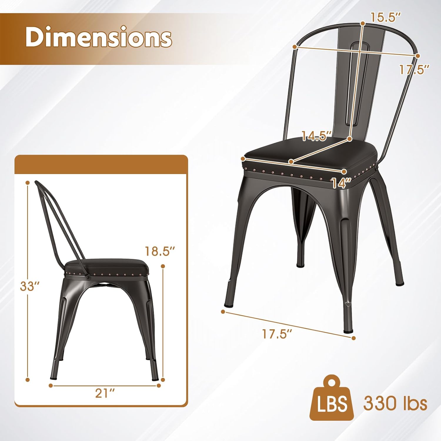 COSTWAY Metal Dining Chairs Set of 4, 18.5 Inch Stackable Industrial Kitchen Tolix Side Chairs with Cushions, Detachable High Back for Dining Room, Cafe, Restaurant, Bistro (Bronze)