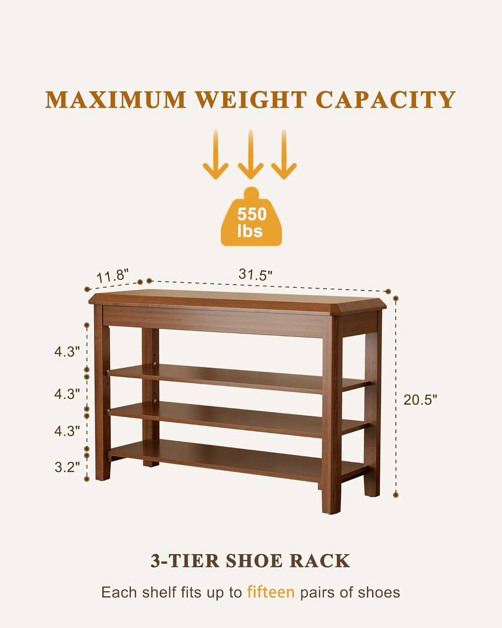 Shoe Rack Bench Seat Rubberwood 3-Tier Wooden Storage Bench 550lbs Compact Mid-Century Modern Design for Entryway, Hallway, Closet, Front Door Entrance, Foyer