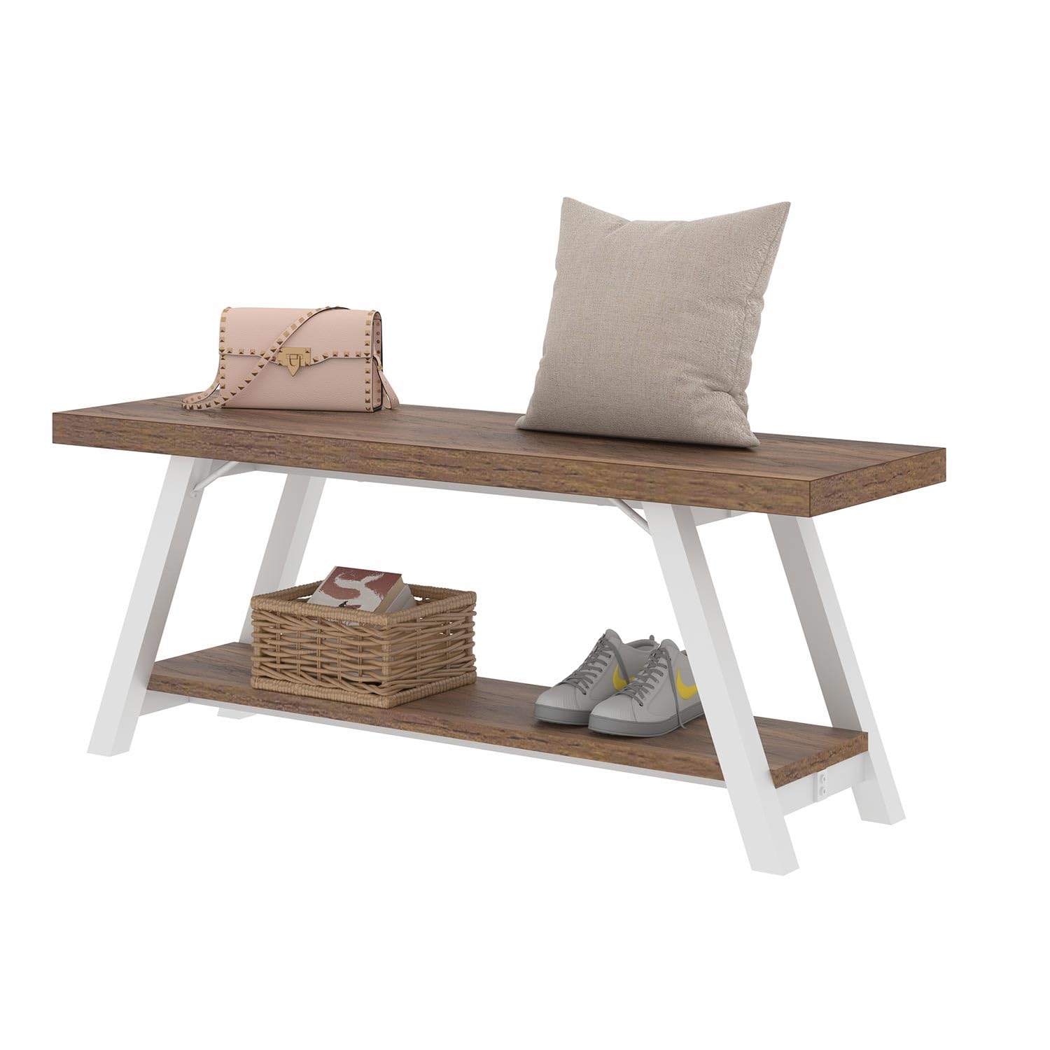 LVB Industrial Entryway Bench, Wood and Metal Storage Bench, Indoor Farmhouse Hallway Accent Entry Bench for Seating Sitting, Shoe Rack Organizer Cabinet in Foyer Bedroom, Light Grey Oak, 47 Inch Long