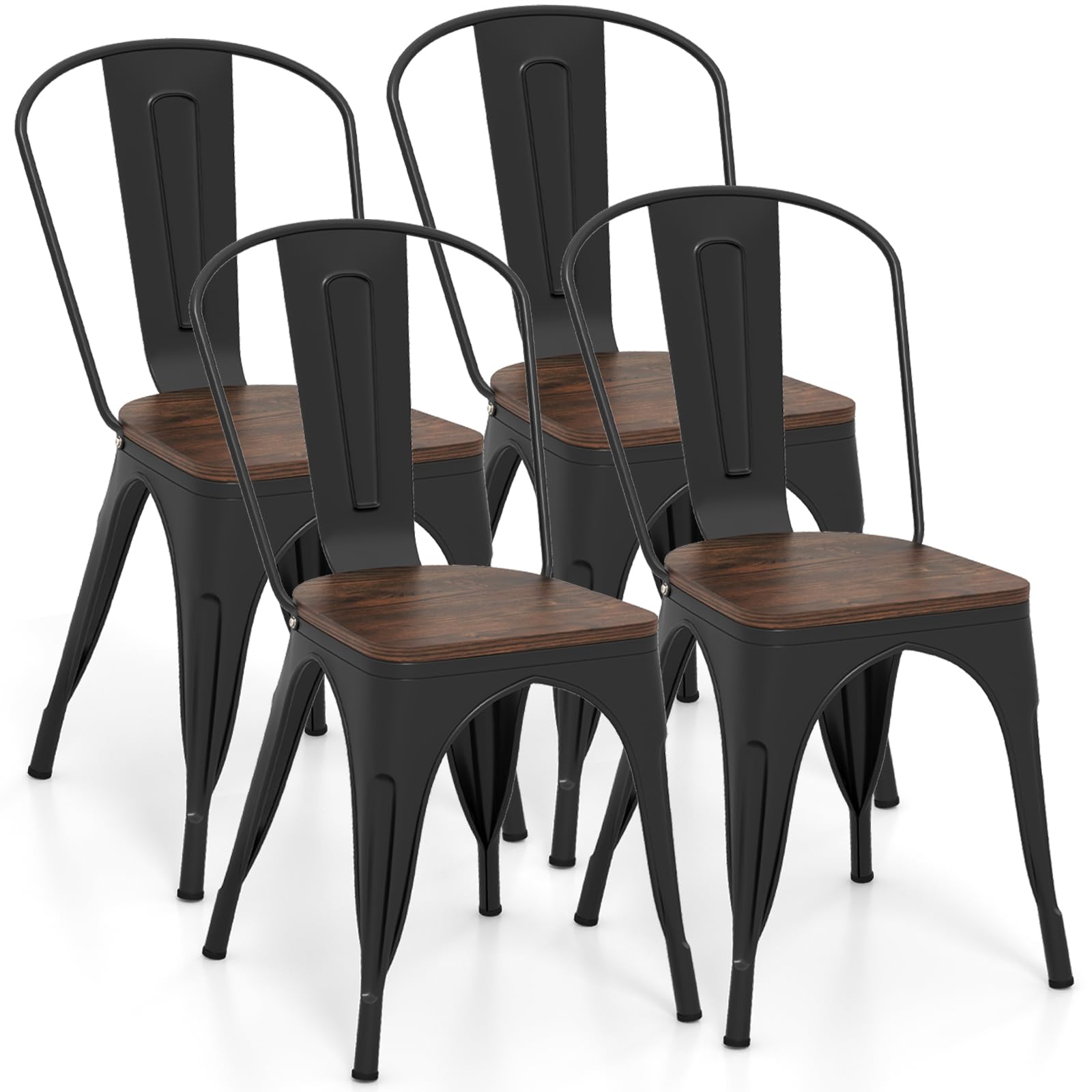COSTWAY 18 Inch Dining Chair Set of 4, Industrial Vintage Stackable Metal Chairs, Counter Bar Chairs with High Backrest, Wood Seat, for Home, Kitchen and Cafe Bar Use
