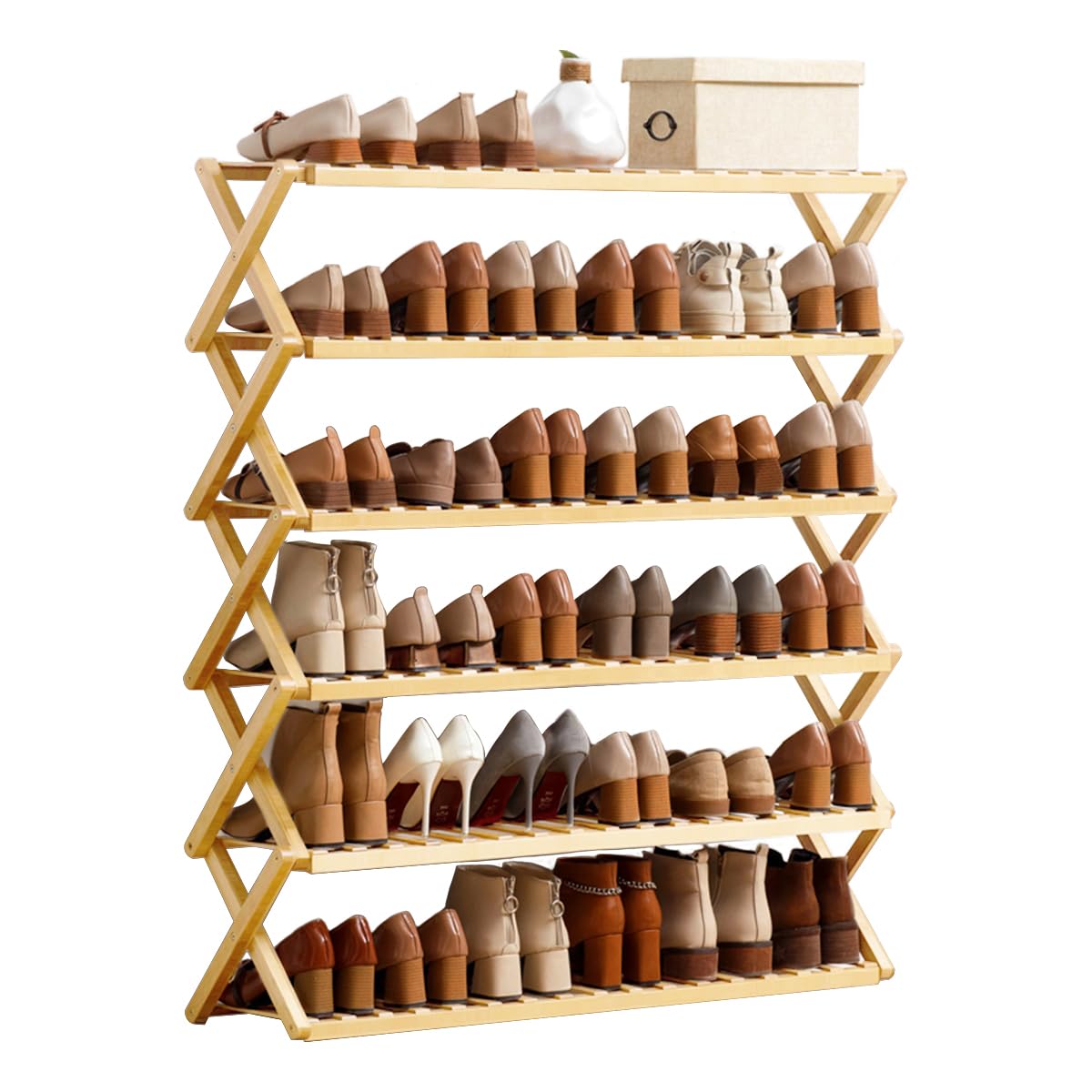 6-Tier Free Standing Shoe Racks, Bamboo Wood Shoe Rack for Entryway & Closet, Holds up to 24 Pairs of Shoes