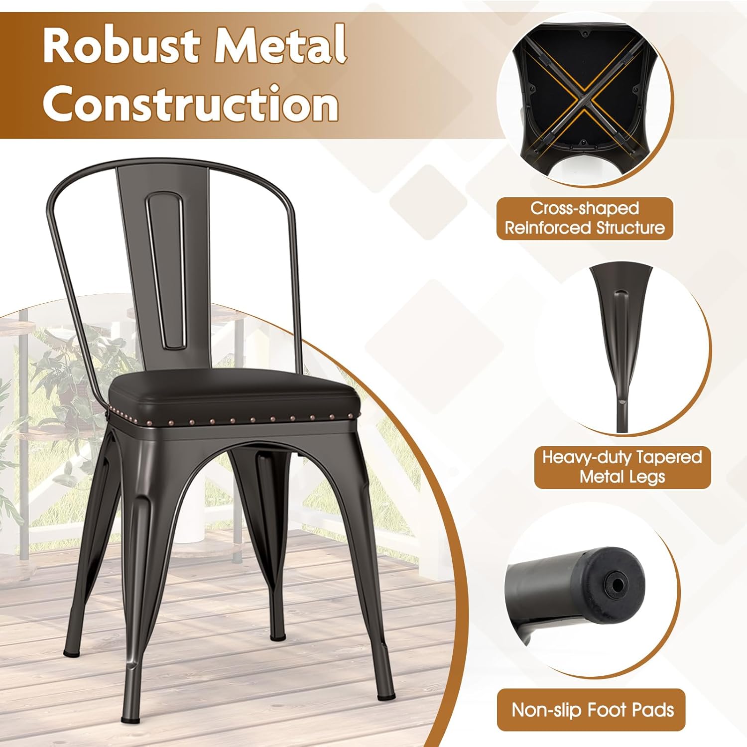 COSTWAY Metal Dining Chairs Set of 4, 18.5 Inch Stackable Industrial Kitchen Tolix Side Chairs with Cushions, Detachable High Back for Dining Room, Cafe, Restaurant, Bistro (Bronze)