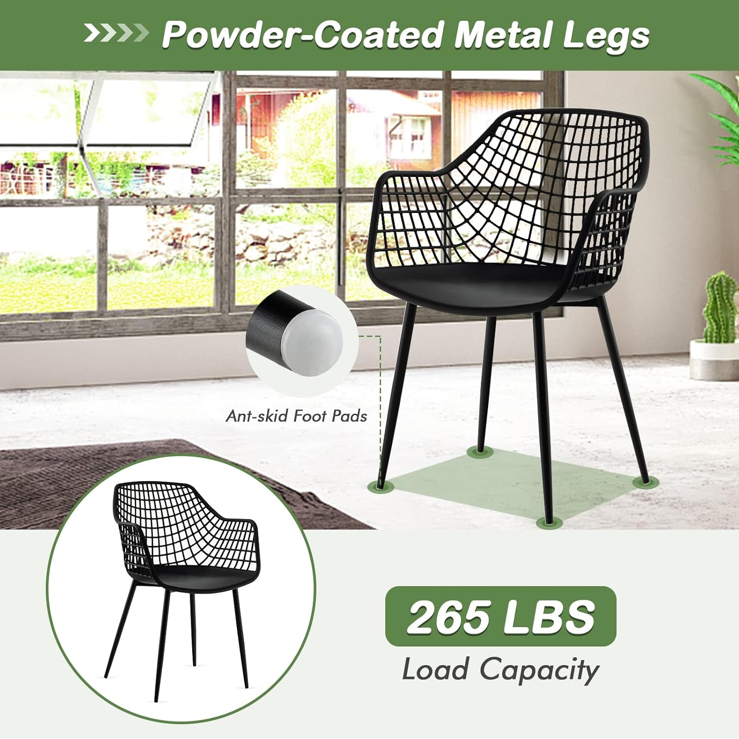 Giantex Modern Dining Chairs Set of 4 - Black Arm Chair with 15" High Backrest, Powder-Coated Metal Legs, Anti-Slip Foot Pads, Max Load 265 lbs, Kitchen Dining Room