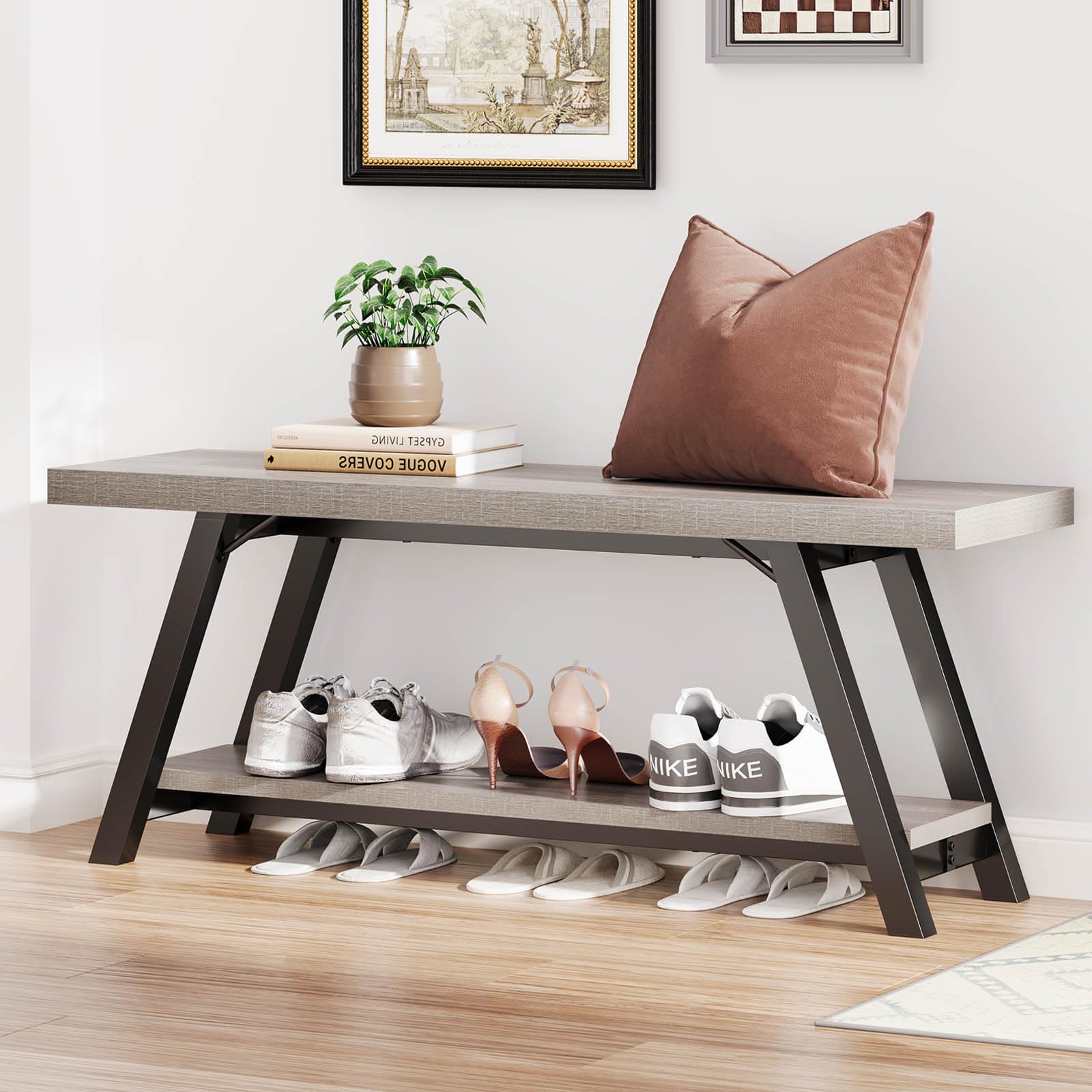 LVB Industrial Entryway Bench, Wood and Metal Storage Bench, Indoor Farmhouse Hallway Accent Entry Bench for Seating Sitting, Shoe Rack Organizer Cabinet in Foyer Bedroom, Light Grey Oak, 47 Inch Long