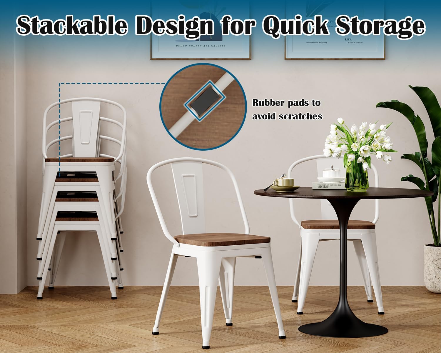 18 Inch Metal Dining Chairs,Arlunar Farmhouse Chairs Set of 4 White Dining Room Chairs Stackable with Back and Wooden Seat bar stools