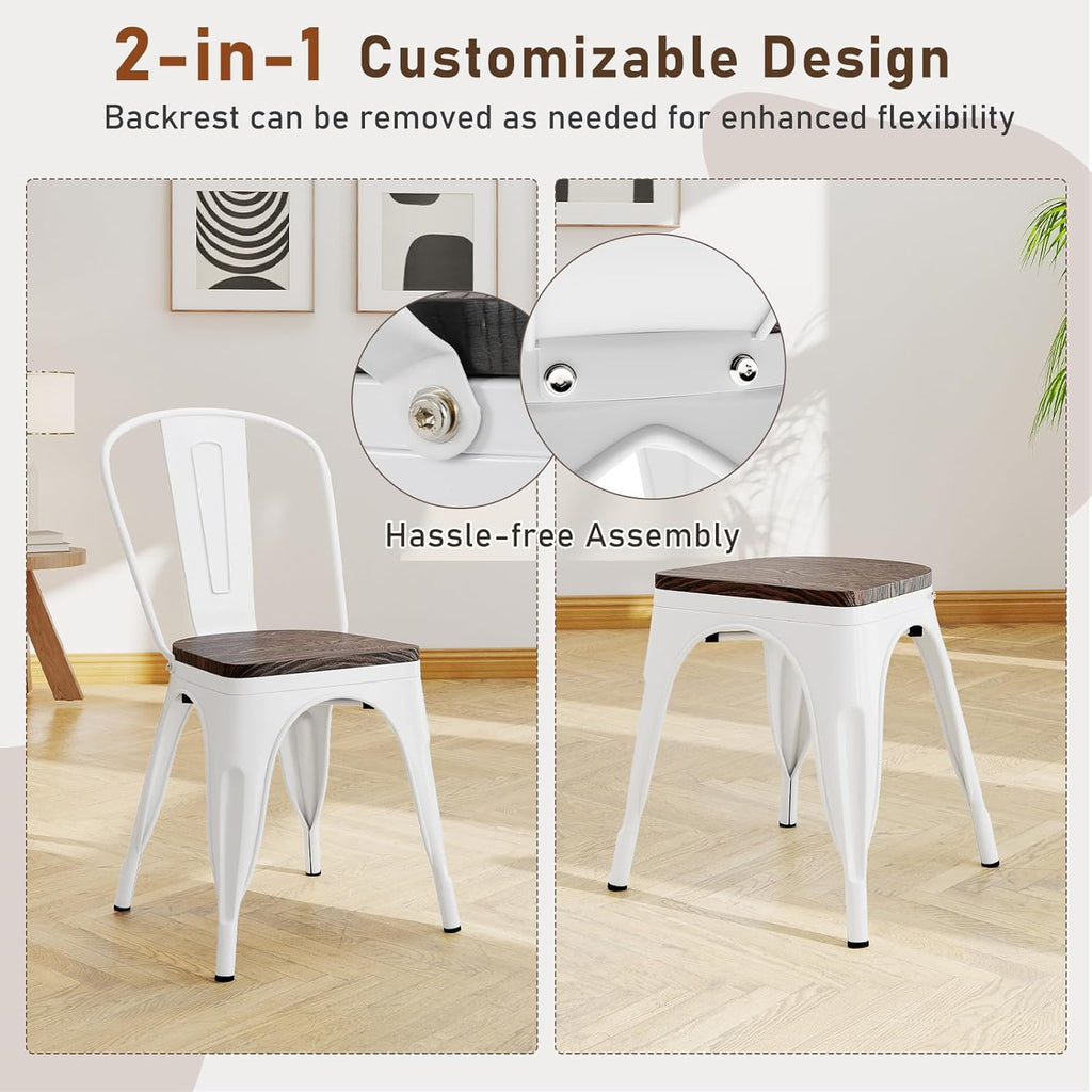COSTWAY 18 Inch Dining Chair Set of 4, Industrial Vintage Stackable Metal Chairs, Counter Bar Chairs with High Backrest, Wood Seat, for Home, Kitchen and Cafe Bar Use