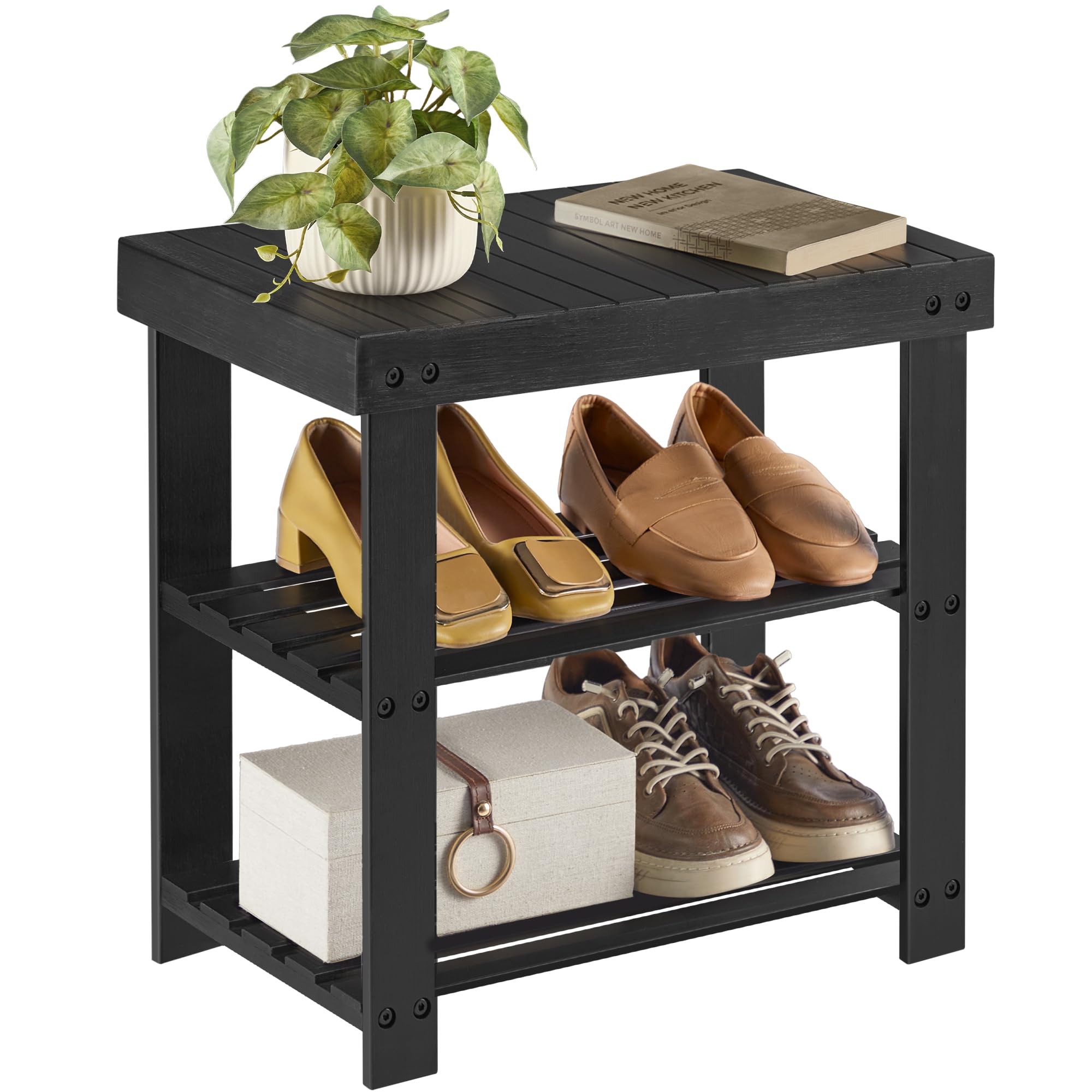 SONGMICS Shoe Rack Bench, 3-Tier Bamboo Shoe Storage Organizer, Entryway Bench, Holds Up to 286 lb, 11.3 x 27.6 x 17.8 Inches, for Entryway Bathroom Bedroom, Ink Black ULBS04H