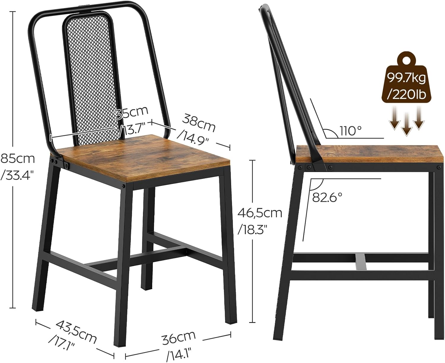 Dining Chairs Set of 4, Wooden Kitchen Chairs, Farmhouse Dining Chairs with Back Support, for Living Room, Kitchen, Rustic Brown and Black CY01L4BRN1