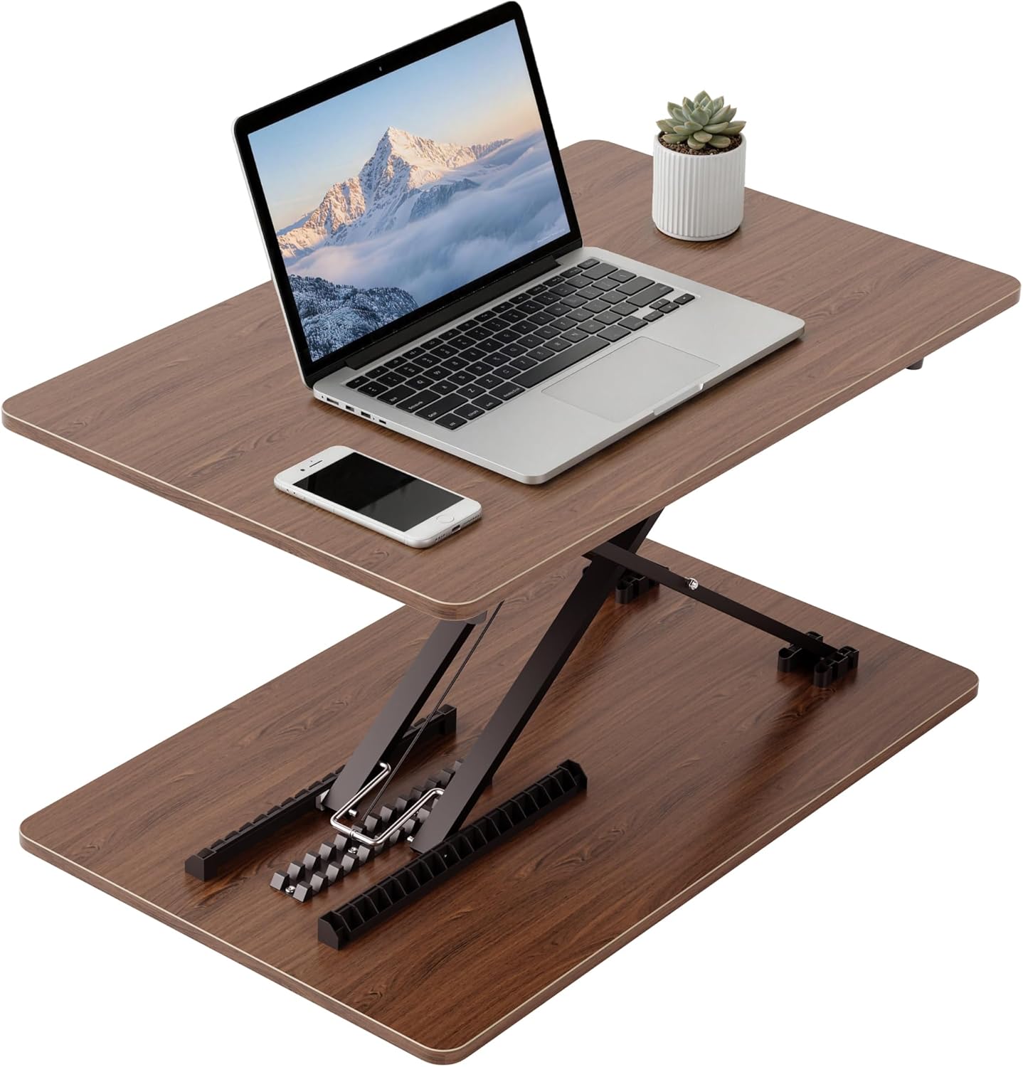 Standing Desk Converter Adjustable Height, 25.16" × 15.75" Height Adjustable Desktop Riser, No Assembly Required, Desktop Workstation for Laptop, Monitor and Office Use (Natural Wood) (Natural)