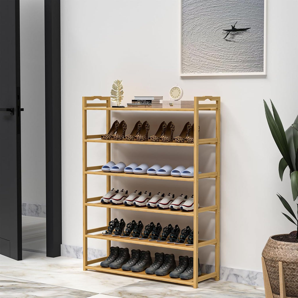 6-Tier Free Standing Shoe Racks, Bamboo Wood Shoe Rack for Entryway & Closet, Holds up to 24 Pairs of Shoes