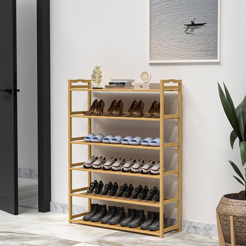 6-Tier Free Standing Shoe Racks, Bamboo Wood Shoe Rack for Entryway & Closet, Holds up to 24 Pairs of Shoes