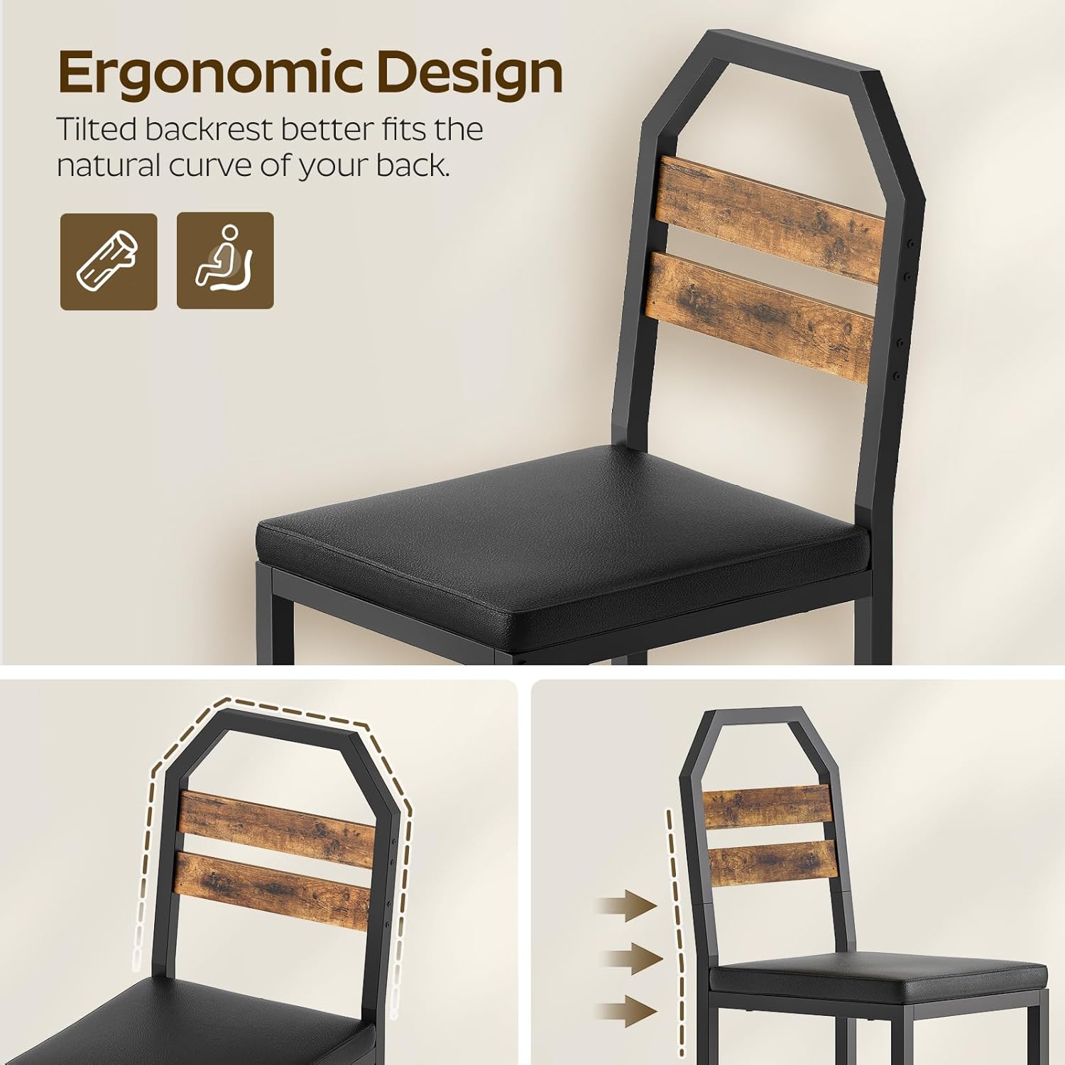 Dining Chairs, Kitchen Chairs with Back Support, Upholstered Seat and Metal Legs, for Kitchen, Living Room, Rustic Brown and Black CY02L4BR