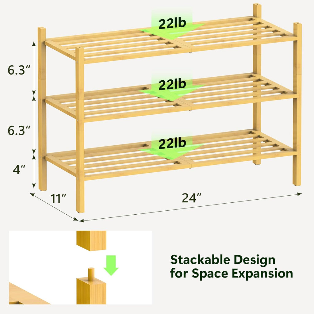 Bamboo Shoe Rack for Closet 3 Tier, Durable Wooden Shoe Rack, Space-Saving Stackable Shoe Organizer for Entryway, Dorm, Garage, Natural