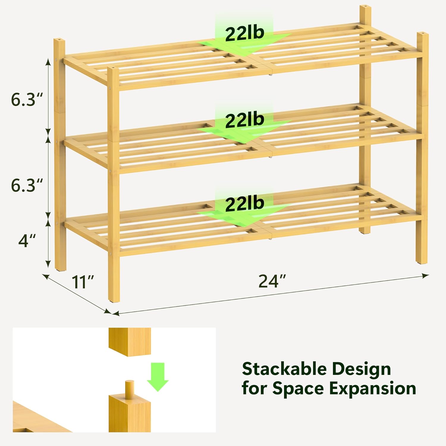 Bamboo Shoe Rack for Closet 3 Tier, Durable Wooden Shoe Rack, Space-Saving Stackable Shoe Organizer for Entryway, Dorm, Garage, Natural