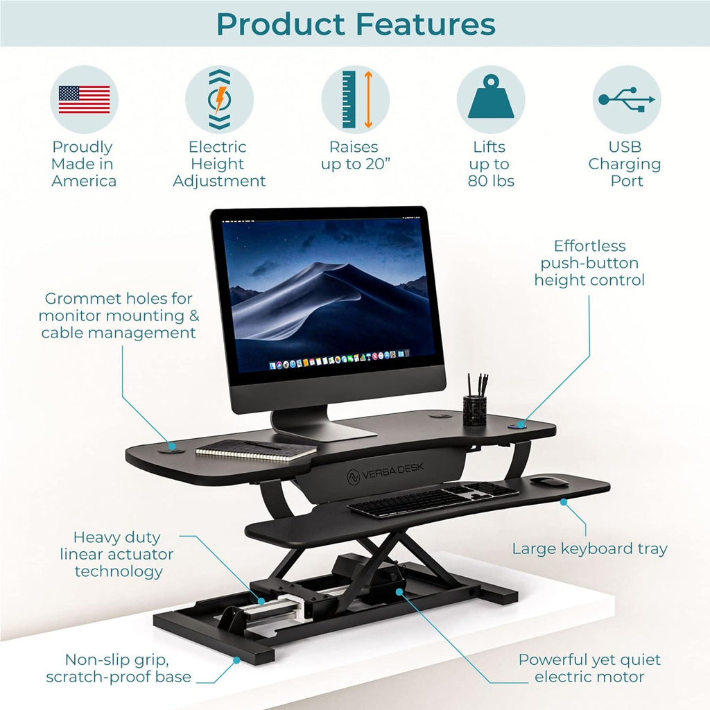 VERSADESK® PowerPro™ 40” x 24” Standing Desk Converter | 40 inch Electric Height Adjustable Sit to Stand Desk Riser w/ Keyboard Tray & USB Hub - Ergonomic Workstation for Home & Office, Black