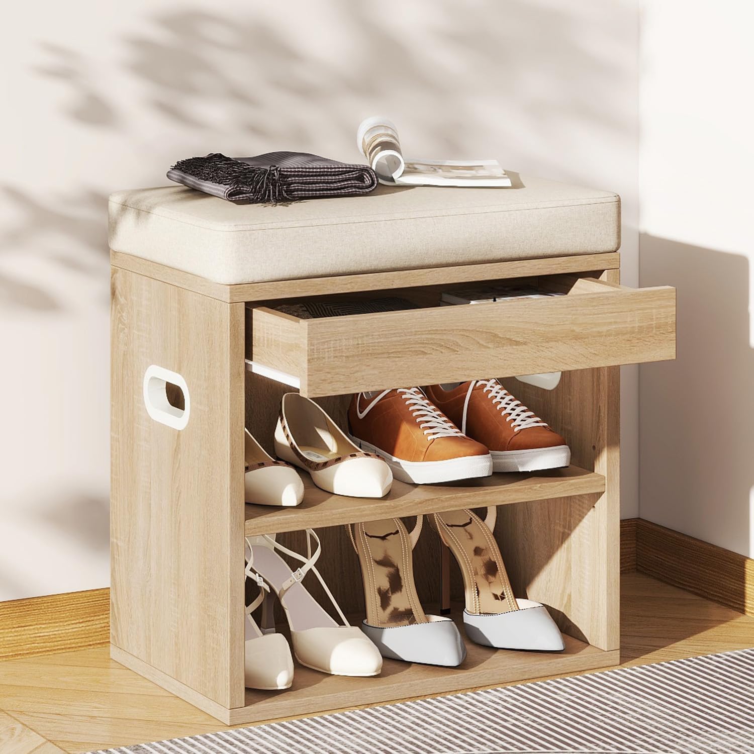 YMYNY Small Shoe Storage Bench with Cushion and Drawer, 2 Tier Adjustable Entryway Bench with Storage, Wooden Shoe Rack Bench for Entryway, Living Room, Hallway, Bedroom, Light Natural, HSC002R