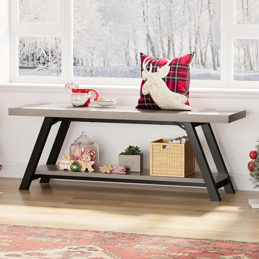 LVB Industrial Entryway Bench, Wood and Metal Storage Bench, Indoor Farmhouse Hallway Accent Entry Bench for Seating Sitting, Shoe Rack Organizer Cabinet in Foyer Bedroom, Light Grey Oak, 47 Inch Long