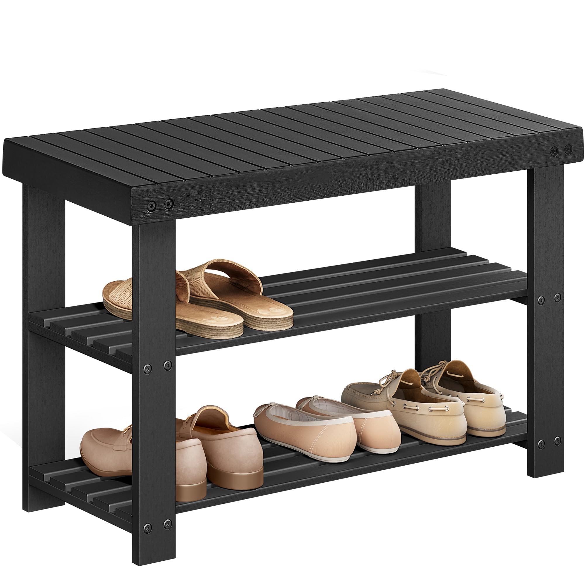 SONGMICS Shoe Rack Bench, 3-Tier Bamboo Shoe Storage Organizer, Entryway Bench, Holds Up to 286 lb, 11.3 x 27.6 x 17.8 Inches, for Entryway Bathroom Bedroom, Ink Black ULBS04H