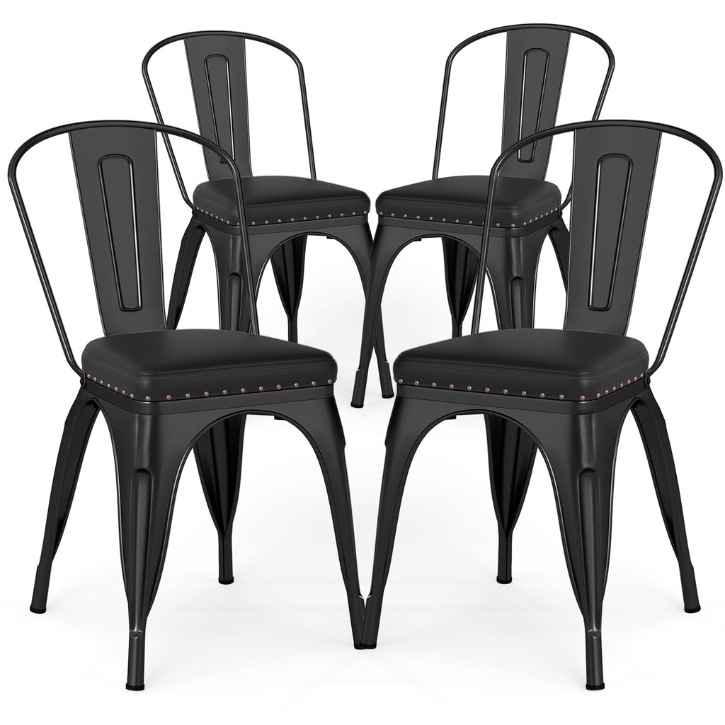 COSTWAY Metal Dining Chairs Set of 4, 18.5 Inch Stackable Industrial Kitchen Tolix Side Chairs with PU Leather Cushions, Detachable High Back for Dining Room, Cafe, Restaurant, Bistro (Black)