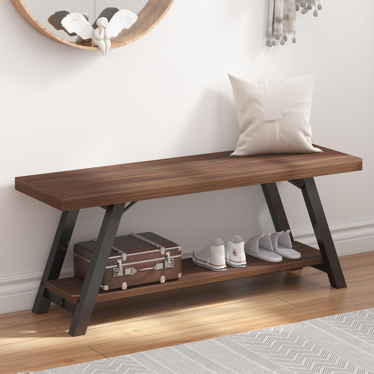 LVB Industrial Entryway Bench, Wood and Metal Storage Bench, Indoor Farmhouse Hallway Accent Entry Bench for Seating Sitting, Shoe Rack Organizer Cabinet in Foyer Bedroom, Light Grey Oak, 47 Inch Long