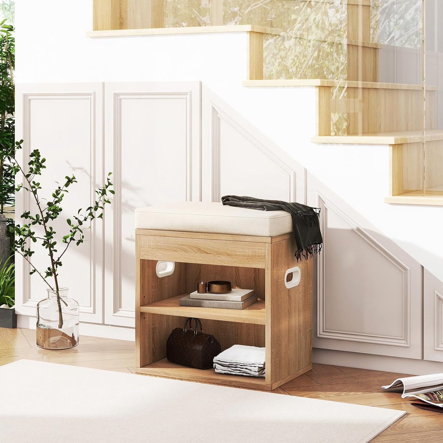 YMYNY Small Shoe Storage Bench with Cushion and Drawer, 2 Tier Adjustable Entryway Bench with Storage, Wooden Shoe Rack Bench for Entryway, Living Room, Hallway, Bedroom, Light Natural, HSC002R