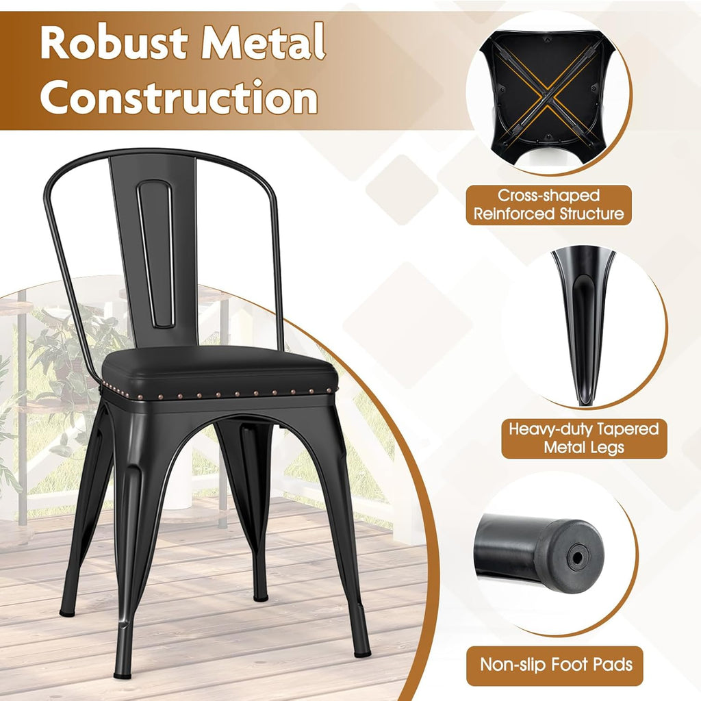 COSTWAY Metal Dining Chairs Set of 4, 18.5 Inch Stackable Industrial Kitchen Tolix Side Chairs with PU Leather Cushions, Detachable High Back for Dining Room, Cafe, Restaurant, Bistro (Black)