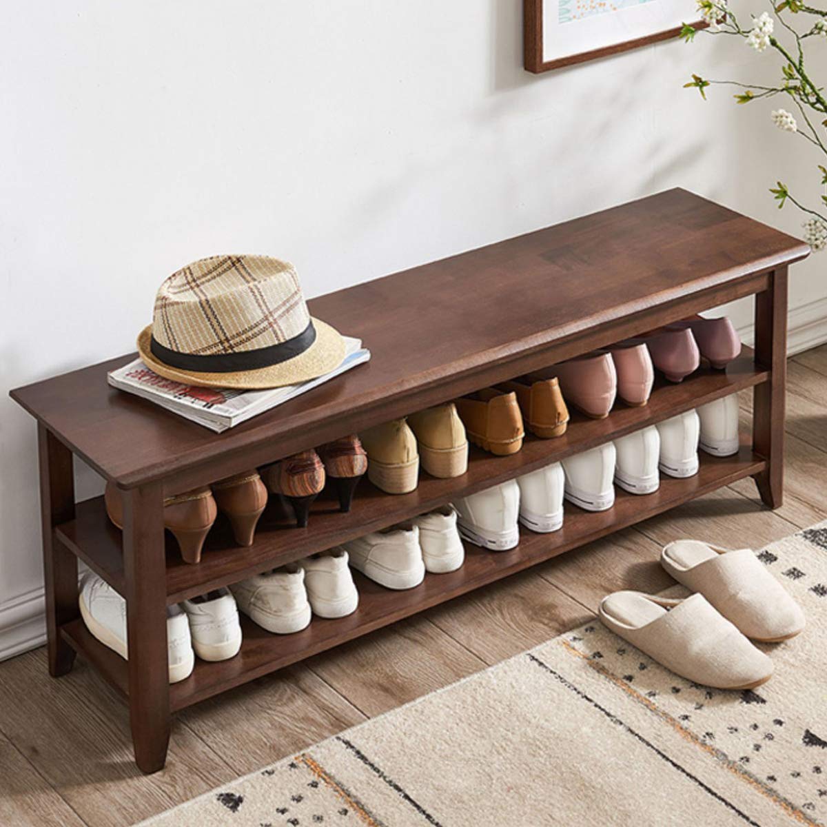 XKZG Storage Bench Wooden Shoe Rack Bench Rustic Solid Wood Entryway Bench (Brown,31.5")