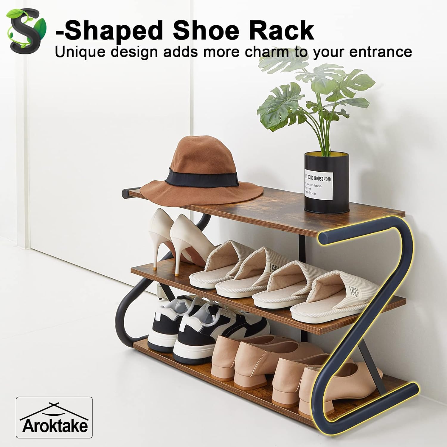 3-Tier Shoe Rack, Wooden Shoe Storage with S Shape Heavy Duty Metal Free Standing, Shoe Organizer Shelf for Entryway, Living Room, Closet, Bedroom (Rustic)