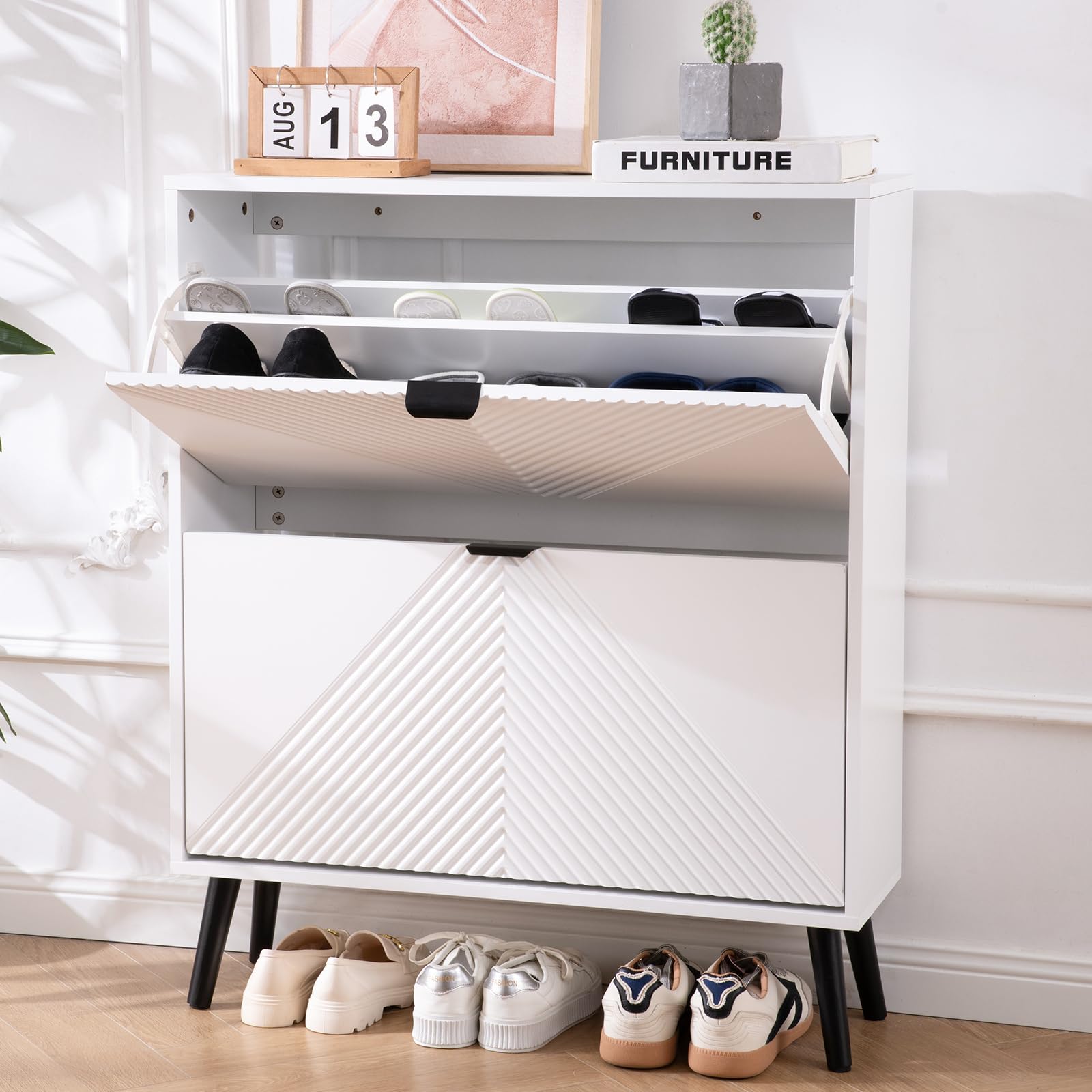 Shoe Cabinet Storage, Farmhouse Freestanding Organizer with 2 Flip Drawers and 4 Wooden feet, Narrow Shoe Rack Cabinet for Entryway, Foyer, Hallway, Black