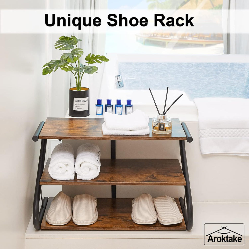 3-Tier Shoe Rack, Wooden Shoe Storage with S Shape Heavy Duty Metal Free Standing, Shoe Organizer Shelf for Entryway, Living Room, Closet, Bedroom (Rustic)