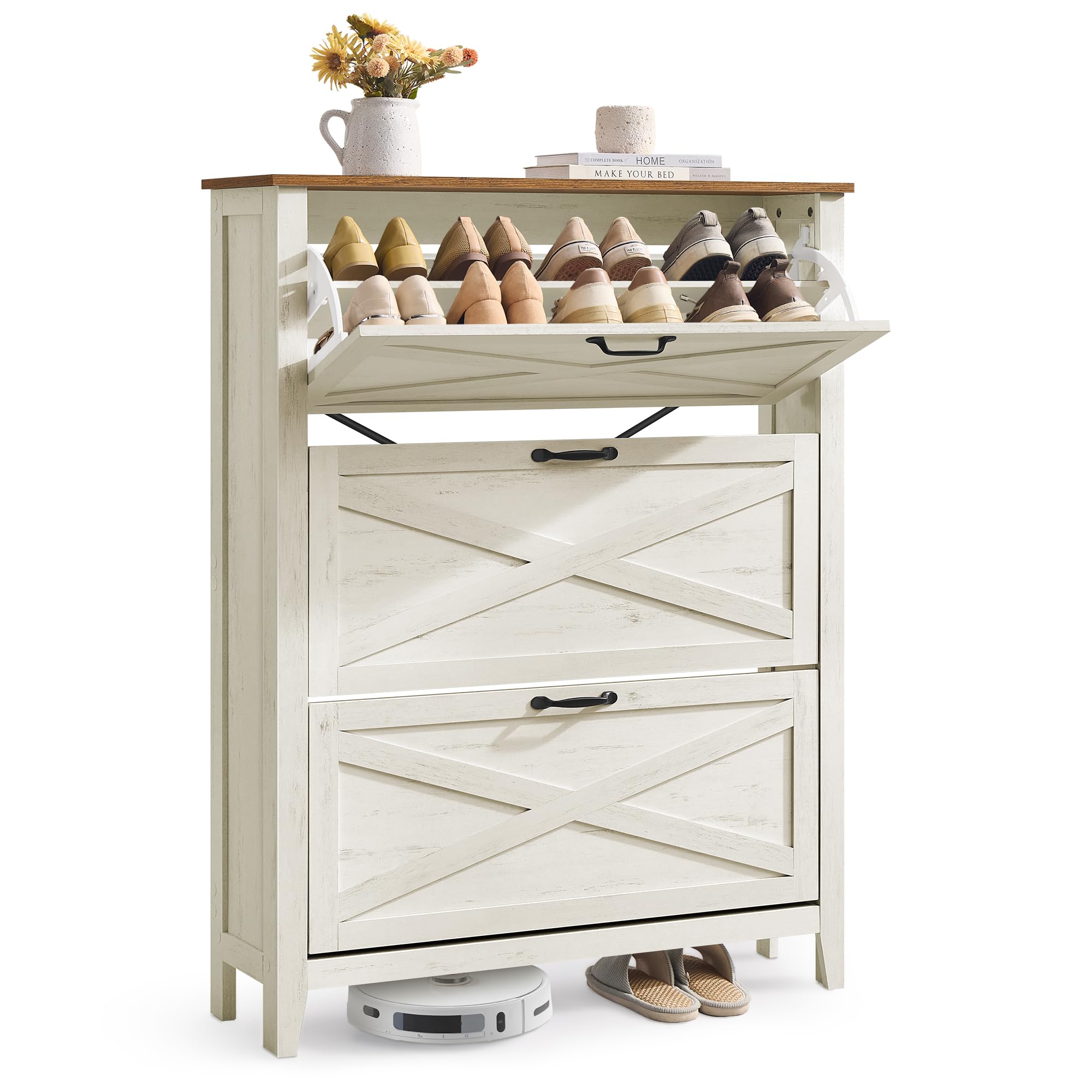 VASAGLE LIRY Collection - Shoe Cabinet, 3-Tier Storage Organizer, Shoe Shelf, Farmhouse Freestanding Cabinet, Height-Adjustable Shelf, 13.8 x 31.5 x 27.6 Inches, Rustic White ULBC038W01
