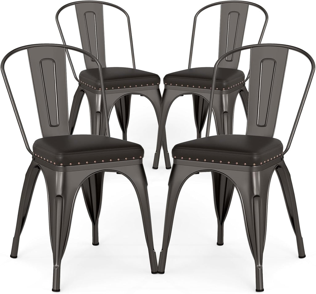 COSTWAY Metal Dining Chairs Set of 4, 18.5 Inch Stackable Industrial Kitchen Tolix Side Chairs with Cushions, Detachable High Back for Dining Room, Cafe, Restaurant, Bistro (Bronze)