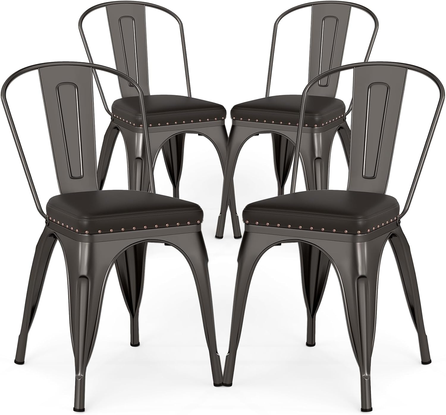 COSTWAY Metal Dining Chairs Set of 4, 18.5 Inch Stackable Industrial Kitchen Tolix Side Chairs with Cushions, Detachable High Back for Dining Room, Cafe, Restaurant, Bistro (Bronze)