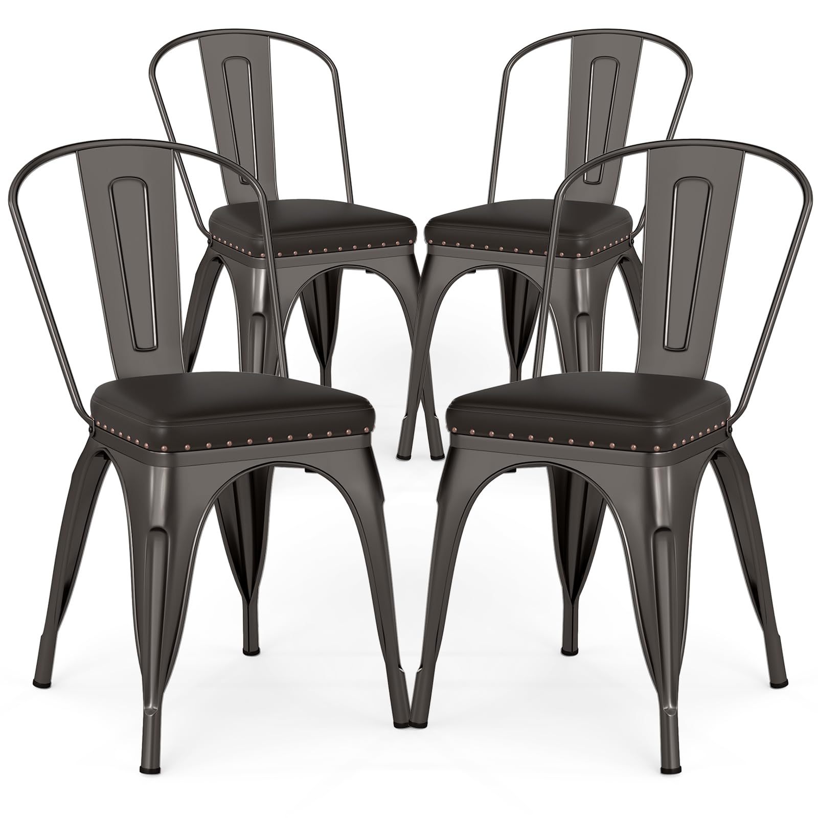 COSTWAY Metal Dining Chairs Set of 4, 18.5 Inch Stackable Industrial Kitchen Tolix Side Chairs with PU Leather Cushions, Detachable High Back for Dining Room, Cafe, Restaurant, Bistro (Black)