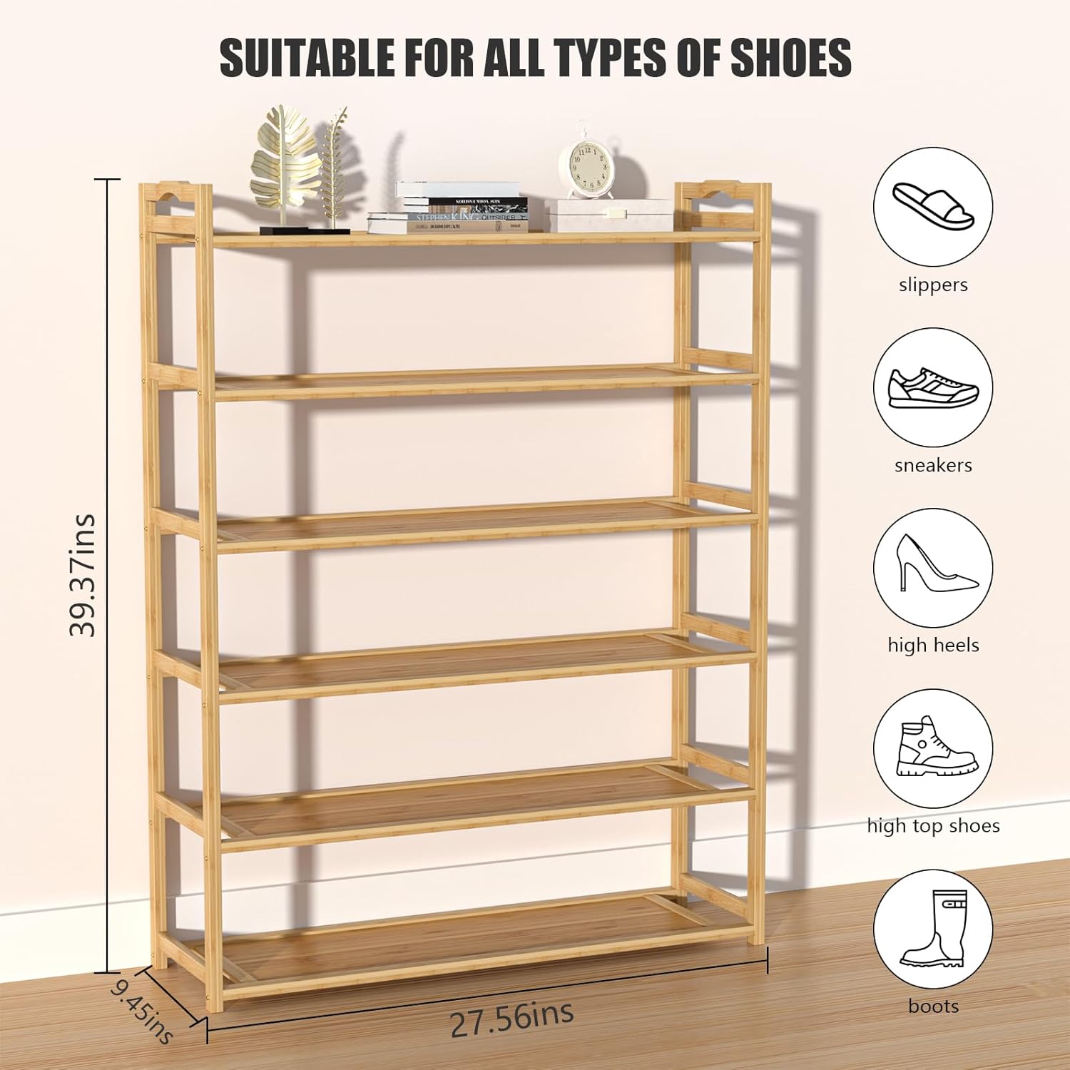 6-Tier Free Standing Shoe Racks, Bamboo Wood Shoe Rack for Entryway & Closet, Holds up to 24 Pairs of Shoes