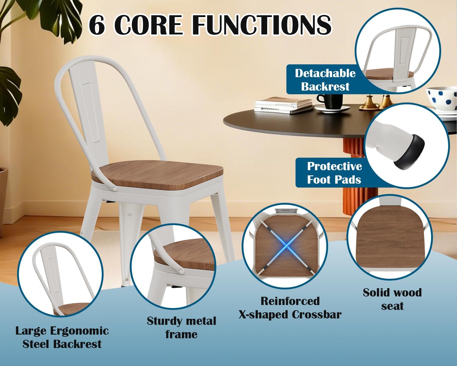 18 Inch Metal Dining Chairs,Arlunar Farmhouse Chairs Set of 4 White Dining Room Chairs Stackable with Back and Wooden Seat bar stools