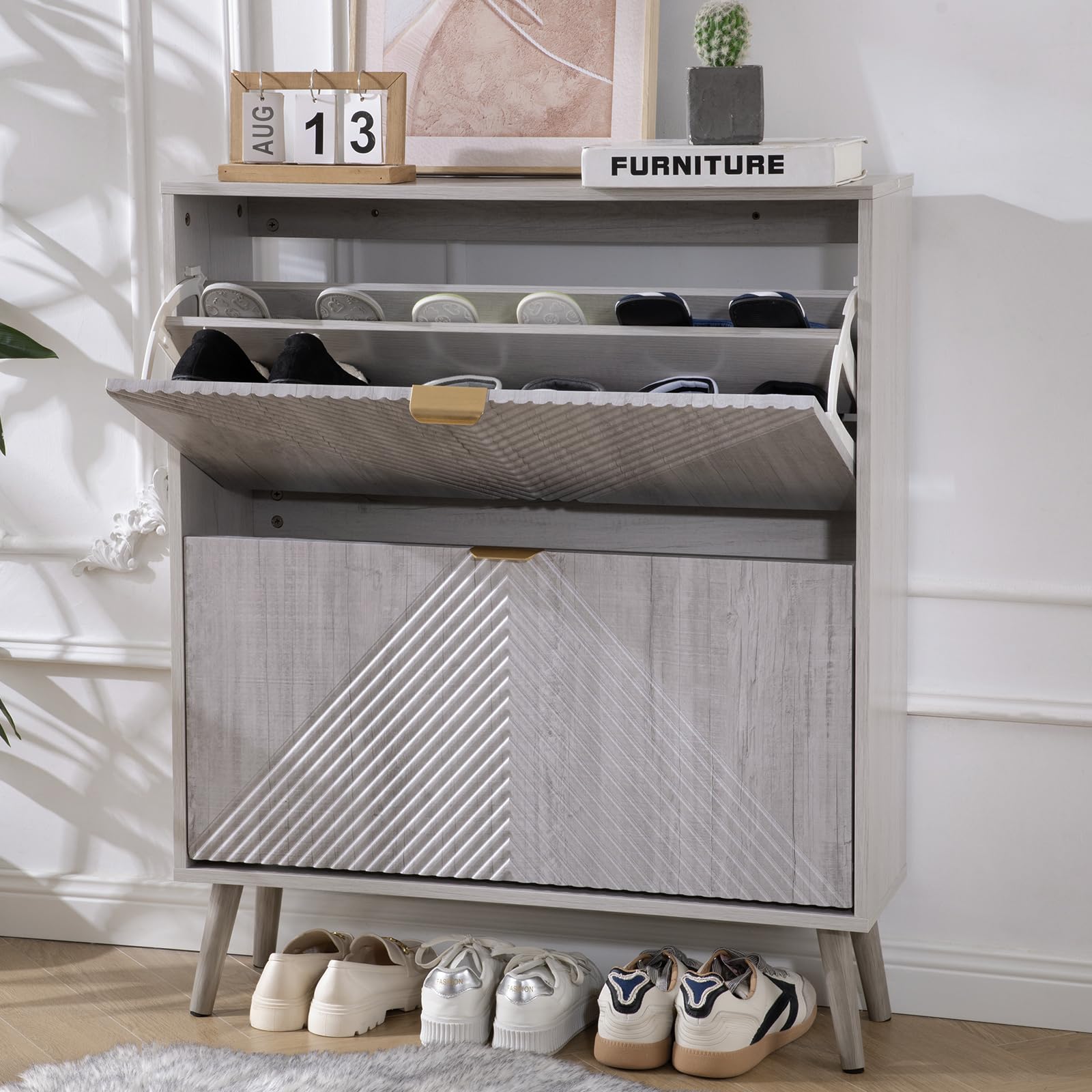Shoe Cabinet Storage, Farmhouse Freestanding Organizer with 2 Flip Drawers and 4 Wooden feet, Narrow Shoe Rack Cabinet for Entryway, Foyer, Hallway, Black