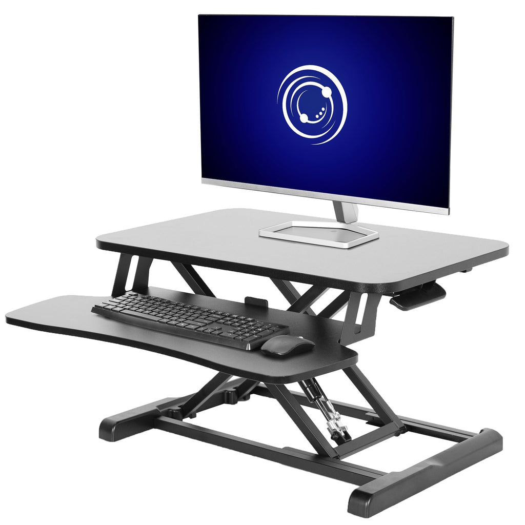 VIVO 32 inch Desk Converter, K Series, Height Adjustable Sit to Stand Riser, Dual Monitor and Laptop Workstation with Wide Keyboard Tray, Dark Walnut Top, Black Frame, DESK-V000KA