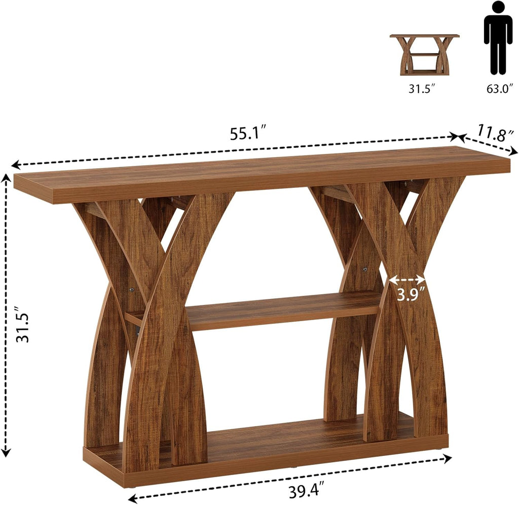 Console Tables, 55-Inches Walnut Console Table with Storage 3-Tier Farmhouse Narrow Entryway Table for Living Room, Hallway, Foyer(Brown)